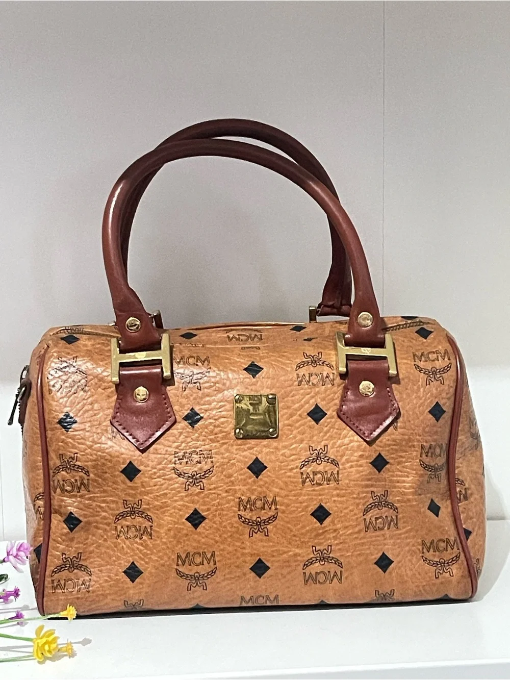 MCM Cognac Logo Visetos Satchel with Brown Leather Trim